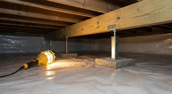 New concrete footings, steel posts, a new beam, and a white vapor-barrier floor