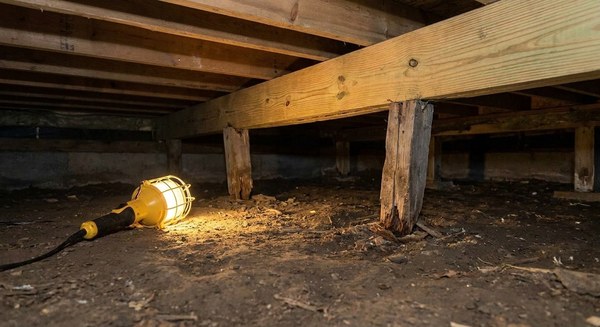 Sagging post-and-pier crawlspace with rotted wood posts and a dirt floor