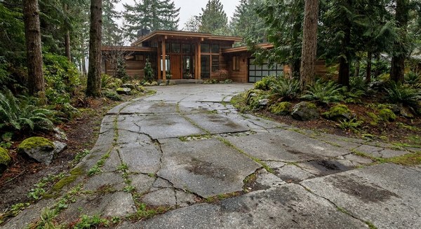 Heaved and cracked old concrete driveway with weeds in the joints