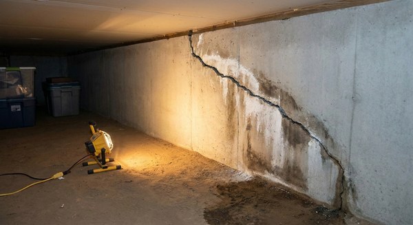 Cracked, settled foundation wall before repair in a Bellingham crawlspace