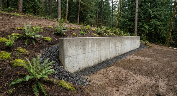 New poured concrete retaining wall with weep holes and gravel backfill drainage